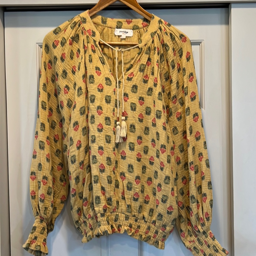 Anthropologie Porridge gold floral cotton peasant blouse with tie detail - Picture 2 of 11